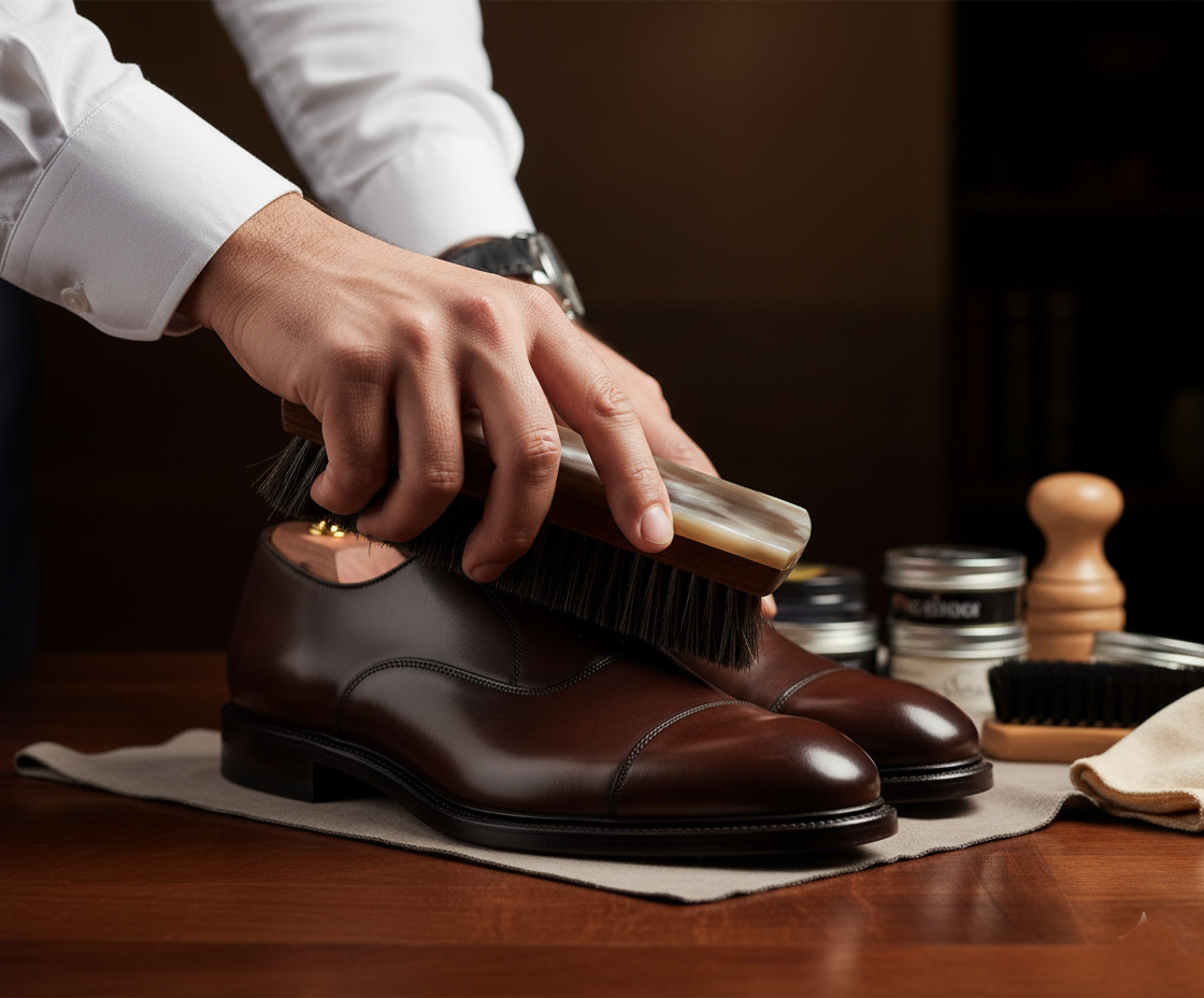 SHOE SHINE BRUSH,BROWN WOOD + HORN COVER- HORSE HAIR MELANGE COLOR