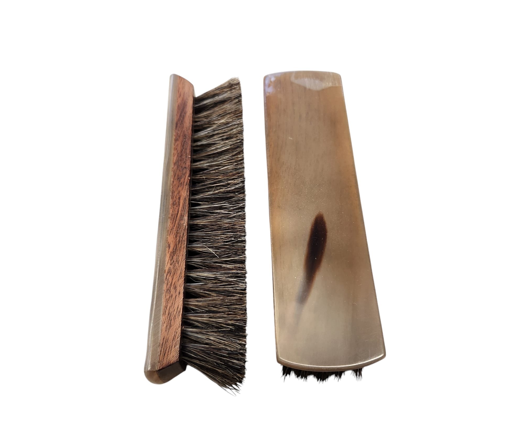 SHOE SHINE BRUSH,BROWN WOOD + HORN COVER- HORSE HAIR MELANGE COLOR