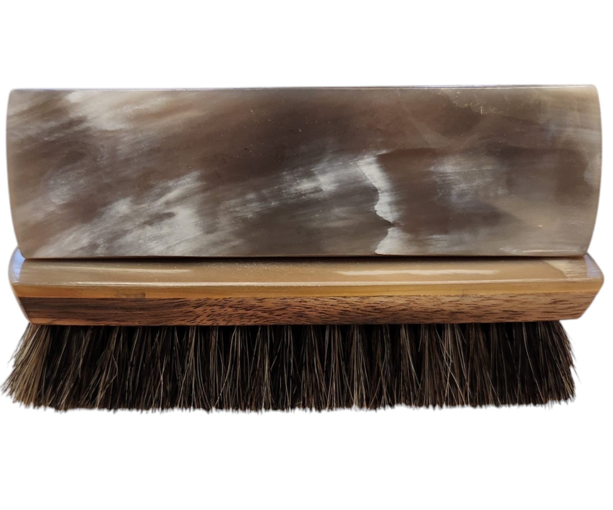 SHOE SHINE BRUSH,BROWN WOOD + HORN COVER- HORSE HAIR MELANGE COLOR