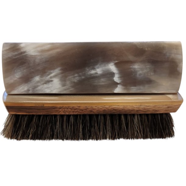 SHOE SHINE BRUSH,BROWN WOOD + HORN COVER- HORSE HAIR MELANGE COLOR