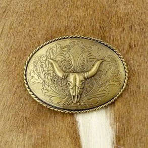 Ovale Plattenschnalle 38mm Altmessing mit Stierschdelmotiv