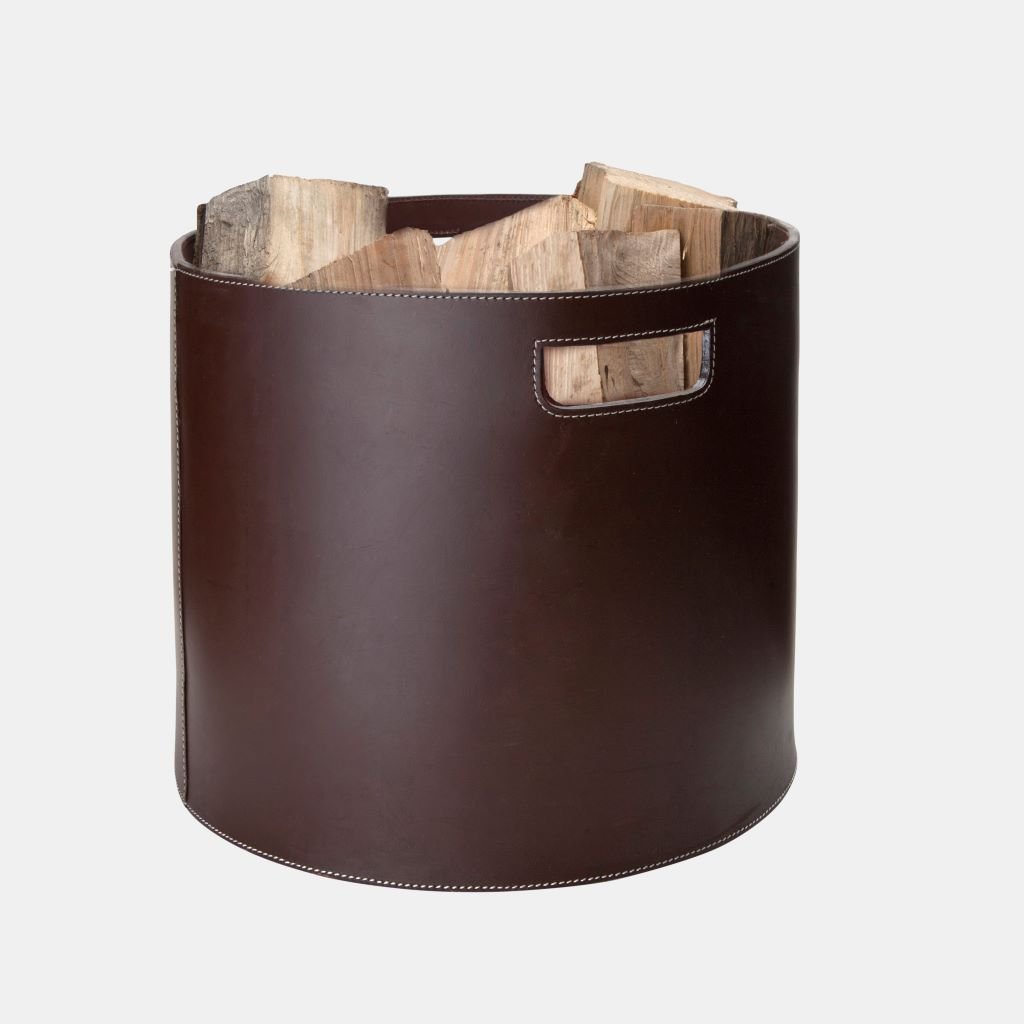 Ronde haardmand in gerecycled leer