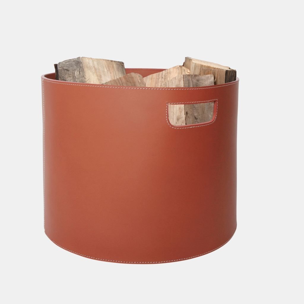 Ronde haardmand in gerecycled leer