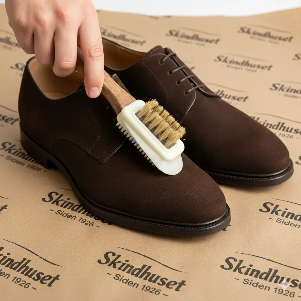Suede brush with dark wooden handle